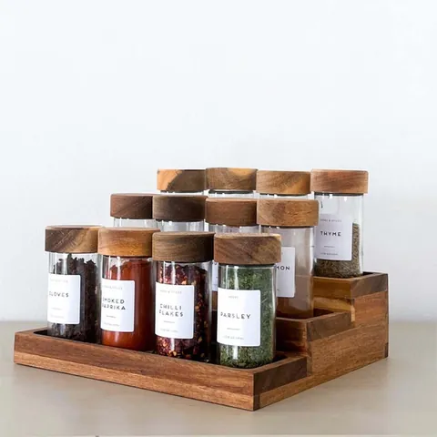 Gewürzdosen-Set aus Glas mit Akazienholz-Deckeln und 3-stöckigem Holzregal Runde Lebensmittelqualität Gewürzbehälter für die Küche