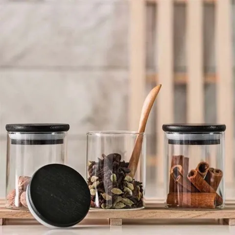 12 Rundes Gewürzglas aus Glas mit Schwarzem Holzdeckel 200 Luftdichter Vorratsbehälter für Küchengewürzbehälter