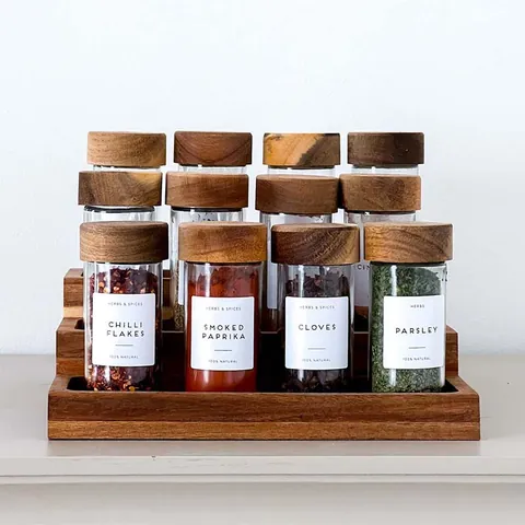 Gewürzdosen-Set aus Glas mit Akazienholz-Deckeln und 3-stöckigem Holzregal Runde Lebensmittelqualität Gewürzbehälter für die Küche