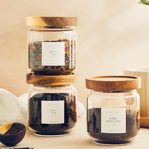 Acacia Wood Base Transparent Glass Storage Jars Set With Airtight Lids Kitchen Food Containers For Coffee Tea Sugar Spice Home Organization