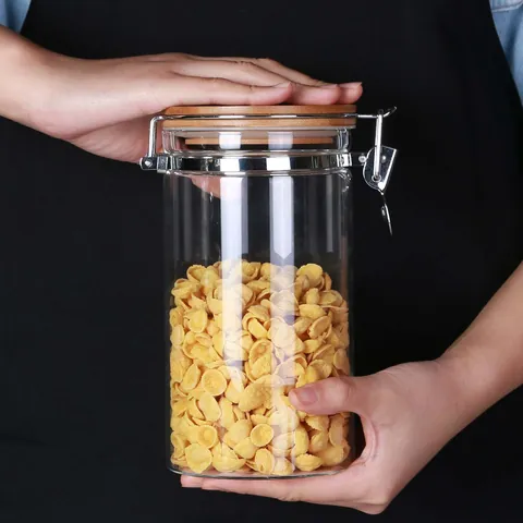 Large Airtight Borosilicate Glass Storage Jar With Bamboo Lid And Stainless Steel Buckle Transparent Round Kitchen Food Container For Grains Snacks Nuts
