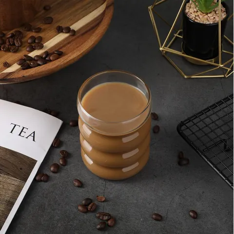Modern Minimalist Heat-Resistant Glass Cup Transparent Ribbed Caterpillar Design Glass For Milk Coffee Breakfast Juice 300ml