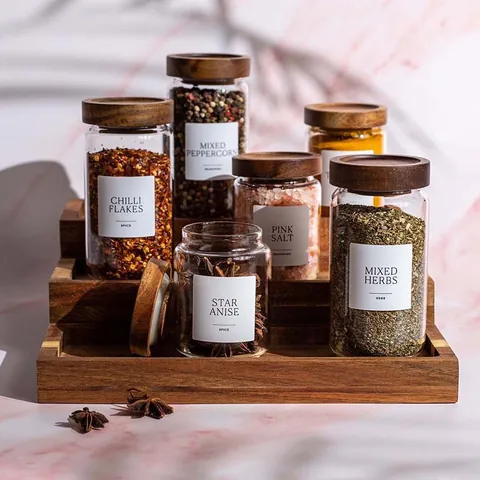 Transparent Glass Spice Jars With Acacia Wood Lids Airtight Seasoning Storage Containers For Kitchen Pantry Organization