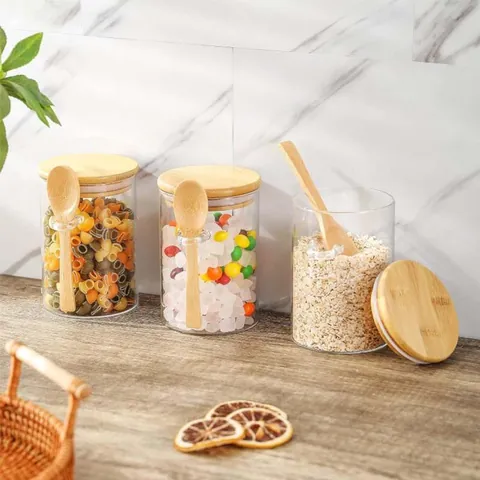 Rundes Klares Hochborosilikatglas Vorratsglas Mit Luftdichtem Bambusdeckel Und Holzlöffel Für Küche Lebensmittel Kaffee Nuss