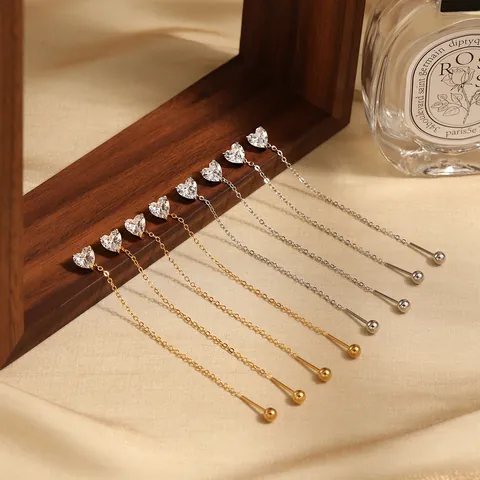 Korean Style Titanium Steel Heart Zirconia Long Threader Earrings For Women Gold Silver Plated Chain Dangle Jewelry