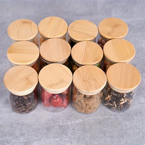 Runde Gewürzgläser Aus Glas Mit Luftdichten Bambusdeckeln Klare Vorratsbehälter Für Die Organisation Der Küchenspeisekammer