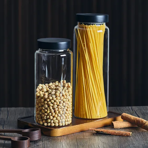 Minimalist Glass Food Storage Jar With Black Pine Wood Airtight Lid Large Capacity Kitchen Clear Canister For Coffee Beans