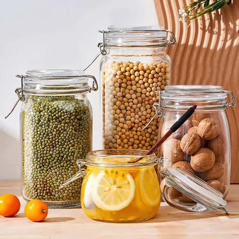 Clear Airtight Glass Storage Jar Oval Food Organization Bottle With Stainless Steel Locking Buckle Sealing Kitchen Container Storage