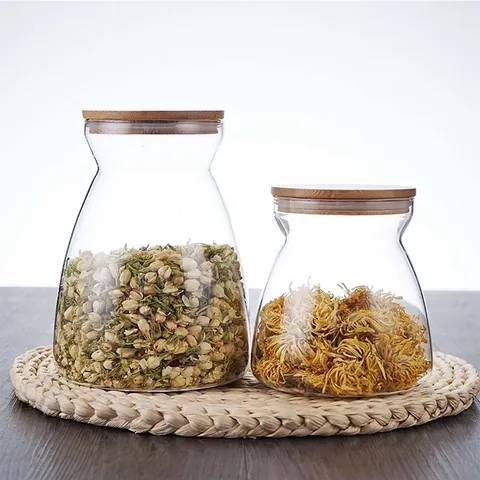 Trapezoidal Transparent Glass Storage Jar With Airtight Bamboo Lid Food Container For Tea Herb Kitchen Organization