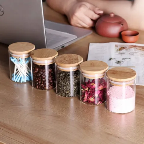 Lot de 10 Bocaux de Conservation en Verre Transparent 200ml Avec Couvercles en Bambou Hermétiques Boîtes Rondes pour Café Bonbons Snack