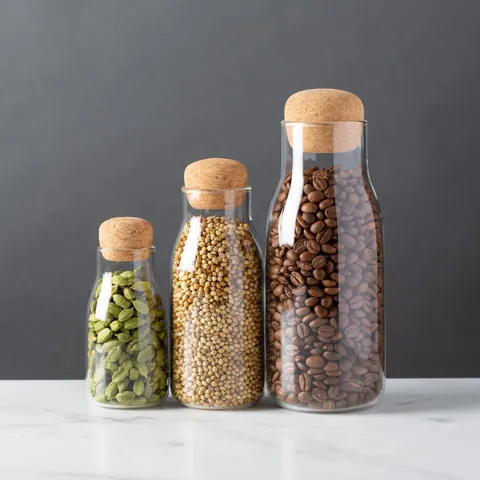 Bocal en Verre Transparent Avec Couvercle en Liège Rond Bouteille de Rangement de Cuisine Résistant à l'Humidité Pour Épices Grains de Café
