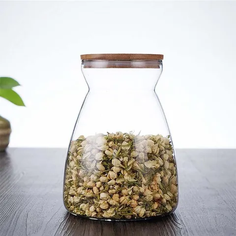 Trapezoidal Transparent Glass Storage Jar With Airtight Bamboo Lid Food Container For Tea Herb Kitchen Organization