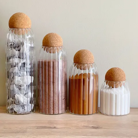 Transparent Glass Storage Jar With Cork Ball Lid Round Ribbed Sealed Container For Coffee Bean Spice Kitchen Food Organizer