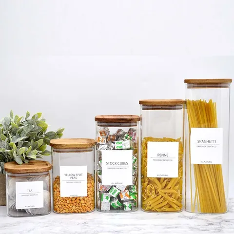 Square Glass Storage Jar With Acacia Wood Lid Airtight Stackable Food Container For Coffee Beans Pasta Grains Kitchen Organization