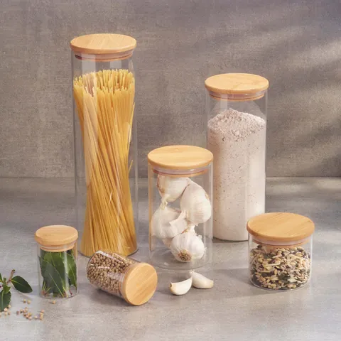 6 Stück Set Transparent Rund Glas Vorratsgläser Mit Luftdichtem Bambusdeckel Haushalt Küche Gewürzglas Lebensmittelbehälter