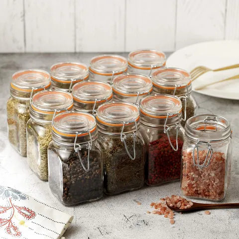 Small Airtight Glass Spice Jar With Metal Clip Lid Transparent Square Condiment Storage Bottle For Kitchen Spices