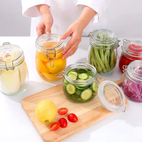 Airtight Glass Storage Jar With Stainless Steel Buckle Transparent Round Kitchen Sealing Container For Pickles Spices Food