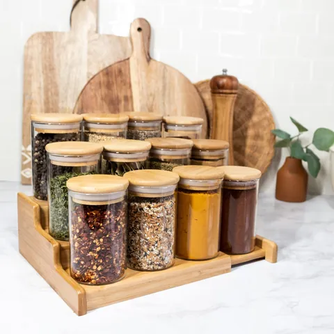 Bocaux De Conservation En Verre Borosilicaté Ronds Transparents Hermétiques Avec Couvercles En Bambou Pour Cuisine