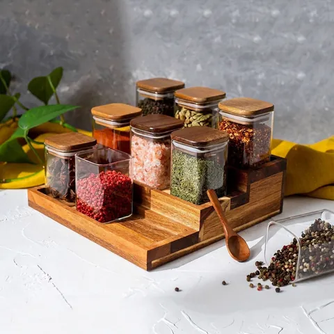 Square Borosilicate Glass Storage Jar Set With Acacia Wood Airtight Lid Transparent Food Container For Spices Tea Home Kitchen Organization Jar