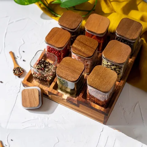 Square Borosilicate Glass Storage Jar Set With Acacia Wood Airtight Lid Transparent Food Container For Spices Tea Home Kitchen Organization Jar