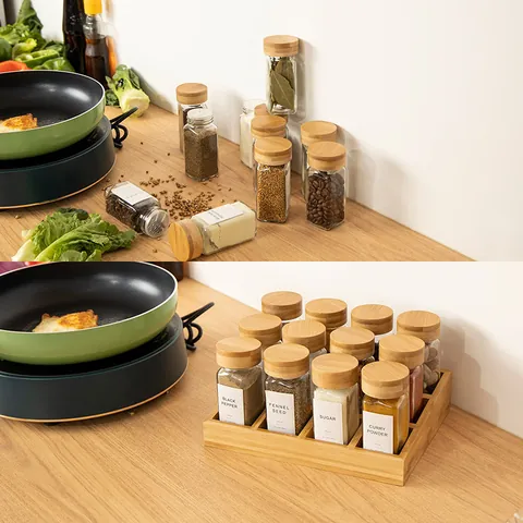 Modern Minimalist Square Glass Spice Jar Set With Airtight Bamboo Lids Transparent Seasoning Storage Bottle Kitchen Organizer For Pantry