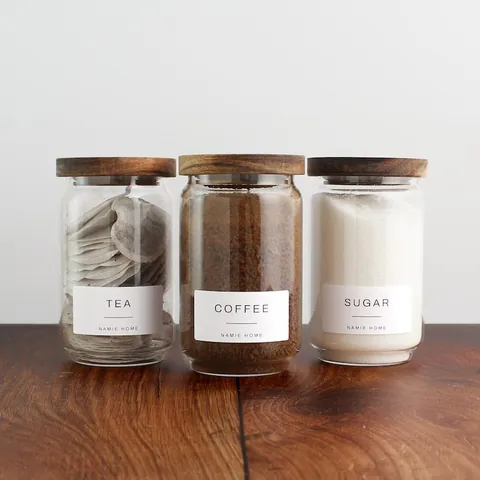 Bocaux De Rangement En Verre Transparent Avec Couvercles En Bois D'Acacia Récipients Hermétiques De Cuisine Bocaux À Étiquettes Pour Café Thé Sucre Pour Céréales Haricots