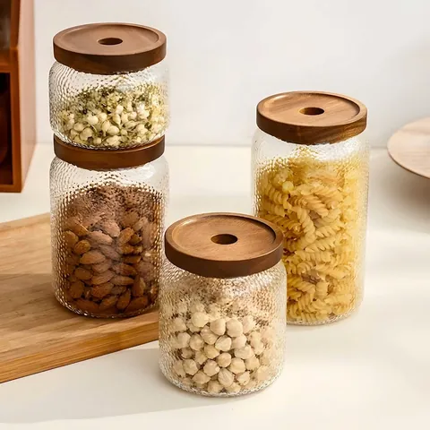 Hammered Glass Storage Jar With Wood Lid Airtight Food Canister For Kitchen Organization Coffee Bean Tea Grains Container