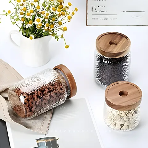 Hammered Glass Storage Jar With Wood Lid Airtight Food Canister For Kitchen Organization Coffee Bean Tea Grains Container
