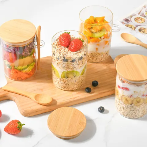 Bocal Rond en Verre Transparent Avec Couvercle en Bambou Et Cuillère Conteneur Hermétique Pour Aliments De Cuisine