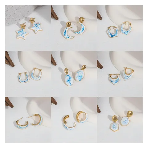 Vintage Blue and White Porcelain Enamel Hoop Earrings For Women Personalized 18K Gold Plated Brass Geometric Drip Oil Earrings Jewelry Gift
