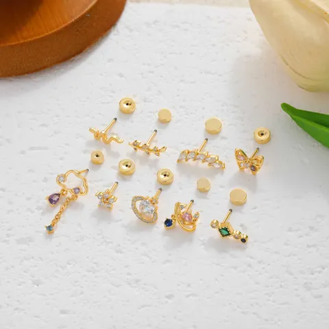 Unisex Copper Zirconia Piercing Stud Earrings Set Stainless Steel Heart Cross Flower Butterfly Bee Star Jewelry For Men Women