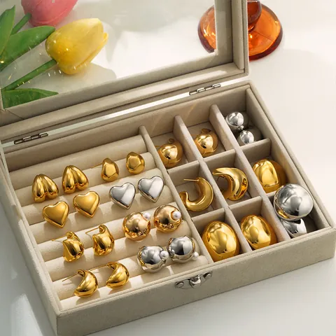 Pendientes de Botón de Acero Inoxidable Chapados en Oro 18K Corazón Gota Vintage Geométricos Lisos para Mujer Joyería de Moda