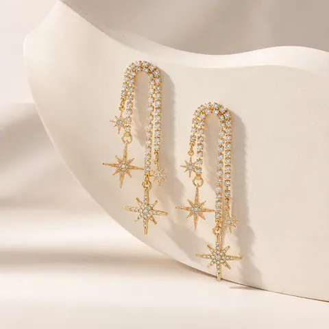 18K Gold Plated Brass Rhinestone Star Tassel Earrings For Women Long Drop Asymmetric Meteor Shower Elegant Jewelry Gift