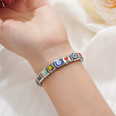 Italian Charm Link Stainless Steel DIY Bracelet Accessory Sun Moon Star Evil Eye Enamel Link Modular Jewelry For Women