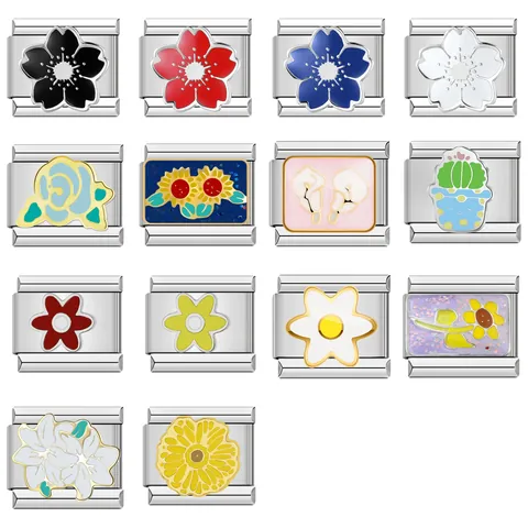 Floral Series Stainless Steel Italian Modular Link Charm DIY Bracelet Splicing Accessory Enamel Flower Charms Jewelry Finding