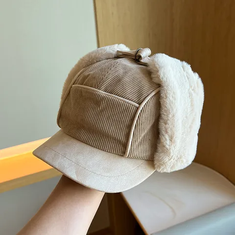 Winter Warm Corduroy Lei Feng Hat For Men Women Thickened Plush Ear Protection Cap Windproof Outdoor Cycling Cold Weather Trapper Hat