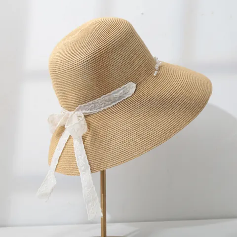 Women Summer Wide Brim Straw Sun Hat Foldable Paper Straw Beach Hat With Lace Bow And Artificial Pearl Elegant Bucket Hat