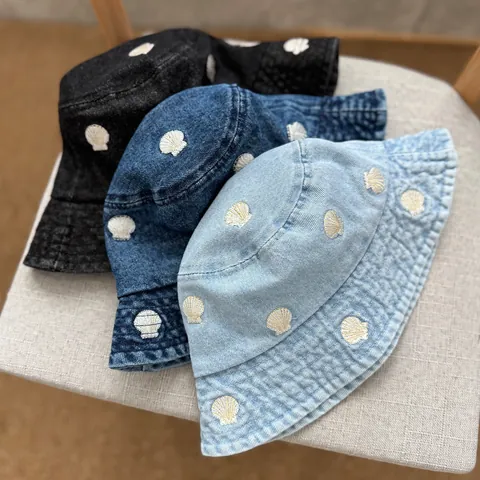 Kids Denim Bucket Hat Embroidered Sea Life Shell Starfish Crab Sun Protection Fisherman Cap Boys Girls Sun Hat