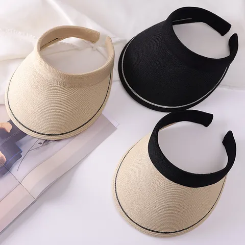 Women Woven Straw Visor Hat Wide Brim Face Sun Protection Hair Clip Empty Top Sunshade Summer Beach Hat Casual Travel Headwear