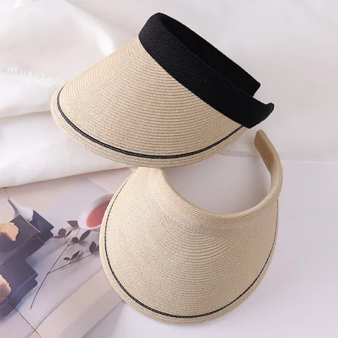 Women Woven Straw Visor Hat Wide Brim Face Sun Protection Hair Clip Empty Top Sunshade Summer Beach Hat Casual Travel Headwear