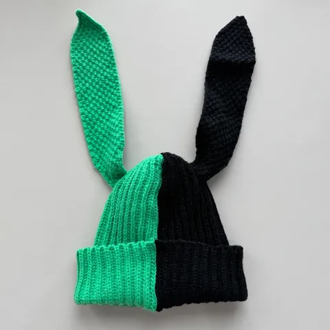Women Color Block Long Rabbit Ear Knit Beanie Hat Contrast Color Warm Winter Crochet Skull Cap For Girls Fashion Bunny Hat