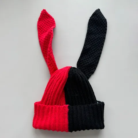 Women Color Block Long Rabbit Ear Knit Beanie Hat Contrast Color Warm Winter Crochet Skull Cap For Girls Fashion Bunny Hat