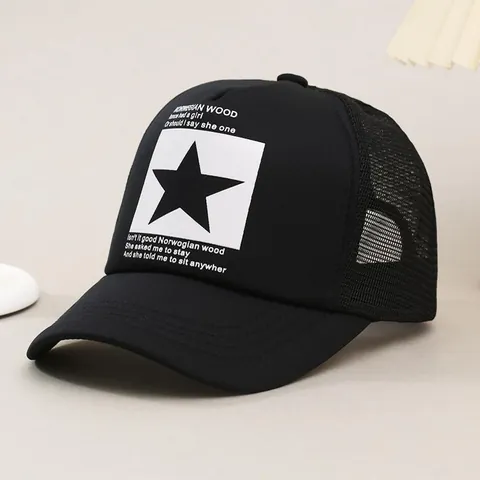 Unisex Vijfpuntige Ster Bedrukte Trucker Pet Norwegian Wood Lyrics Mesh Honkbalpet Ademende Zonneklep Zomerhoed Voor Heren Dames