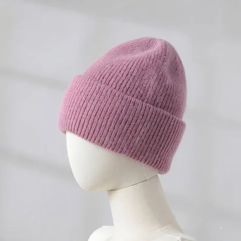 Damen Kaninchenhaarmischung Strickmütze Beanie Weich Warm Dick Rollkante Wintermütze Für Herbst Winter Outdoor Alltag