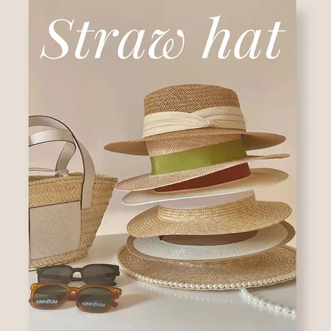 Women Summer Flat Top Straw Hat Breathable Wide Brim Sun Protection Beach Hat With Ribbon Decoration Fashion Woven Fedora Hat