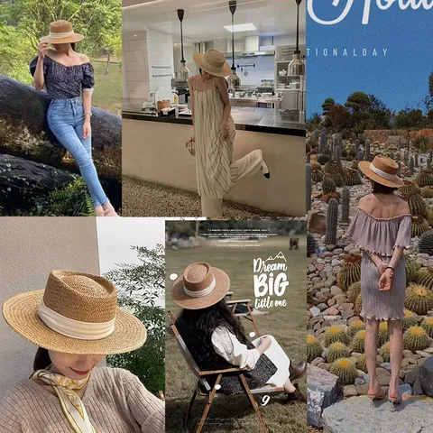 Women Summer Flat Top Straw Hat Breathable Wide Brim Sun Protection Beach Hat With Ribbon Decoration Fashion Woven Fedora Hat