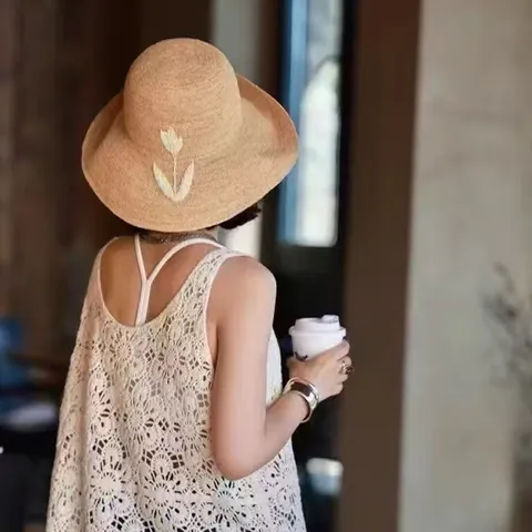 Handmade Raffia Sun Hat For Women Foldable Wide Brim Fisherman Bucket Hat With Flower Embroidery Summer Beach Vacation Hat