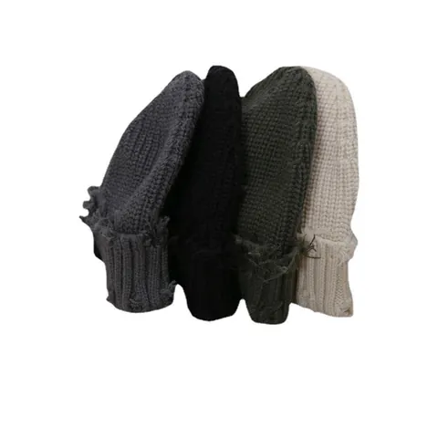 Distressed Rippstrick Mütze Für Herren Damen Retro Hip Hop Streetwear Acryl Winter Warm Aufschlagmütze Mit Loch Fransen