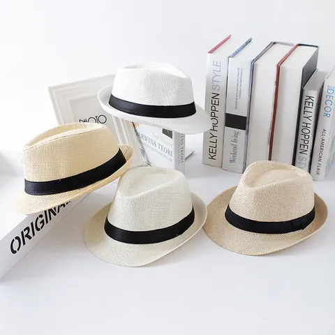 Sommer Eltern-Kind Jazz Fedora Strohhut Für Jungen Mädchen Herren Damen Atmungsaktive Sonnenschutz Papier Stroh Strandhut Mit Schwarzem Band
