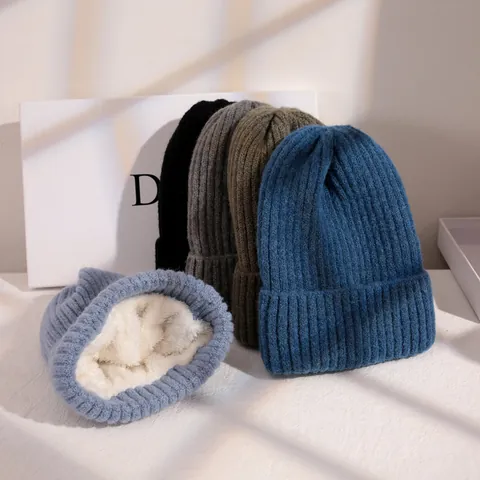 Unisex Χειμερινό Πλεκτό Καπέλο με Επένδυση Fleece Πυκνό Καπέλο με Ρίγες Μονόχρωμο Εξωτερικό Θερμικό Καθημερινό Καπέλο για Ενήλικες